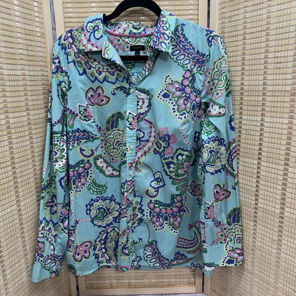 Talbots Top Women's Size Large Teal Colorful Paisley Button Up Long Sleeve